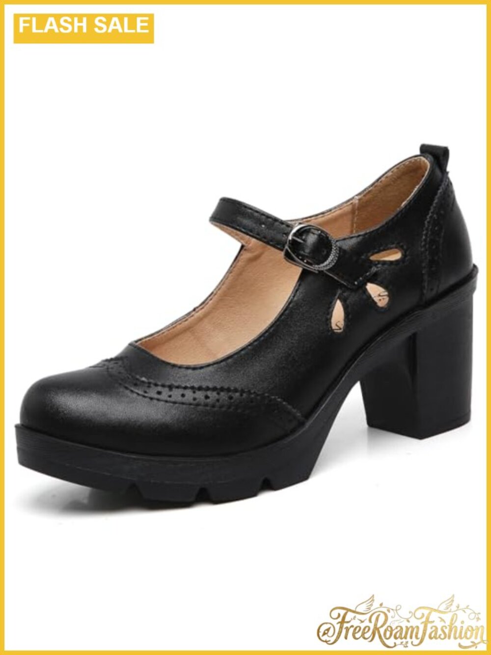 Leather Round Toe Mary Jane Pumps Mid Heel Ankle Strap Dress Shoes